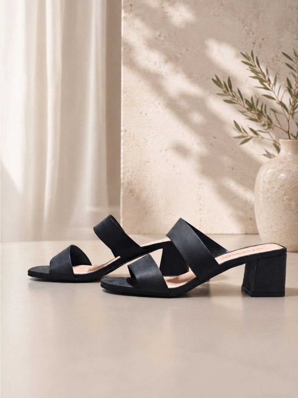 Black Block Heel Slide Sandals With Double Straps Open Toe & Square Heel Design - Picture 4 of 13